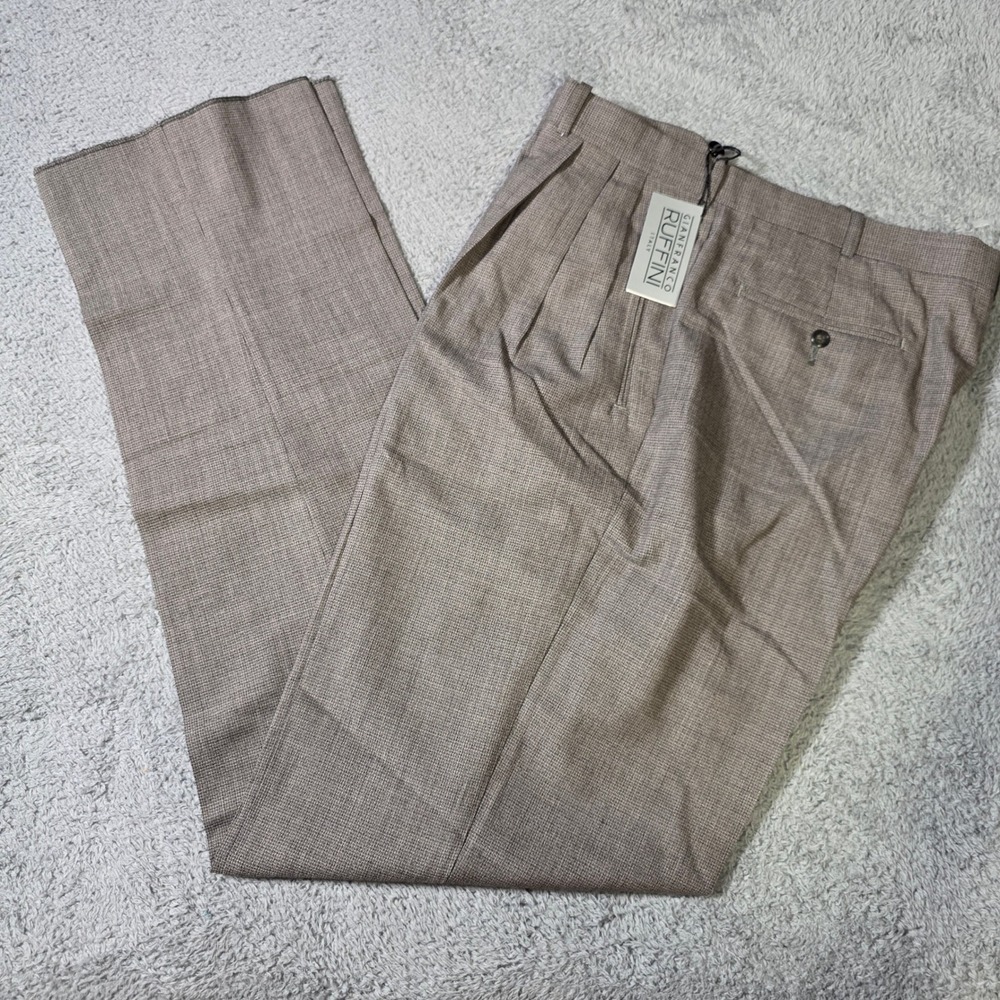 Gianfranco Ruffini Mens 38 Pleated Dress Pants Tan Brown Wool Micro-Check NWT